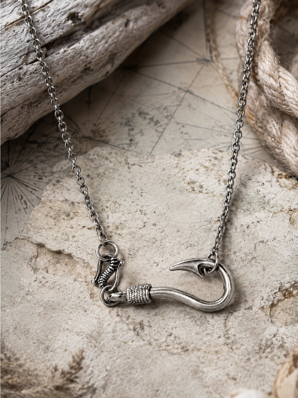 Silver Fish Hook Necklace, Boho Coastal Pendant, Delicate Chain